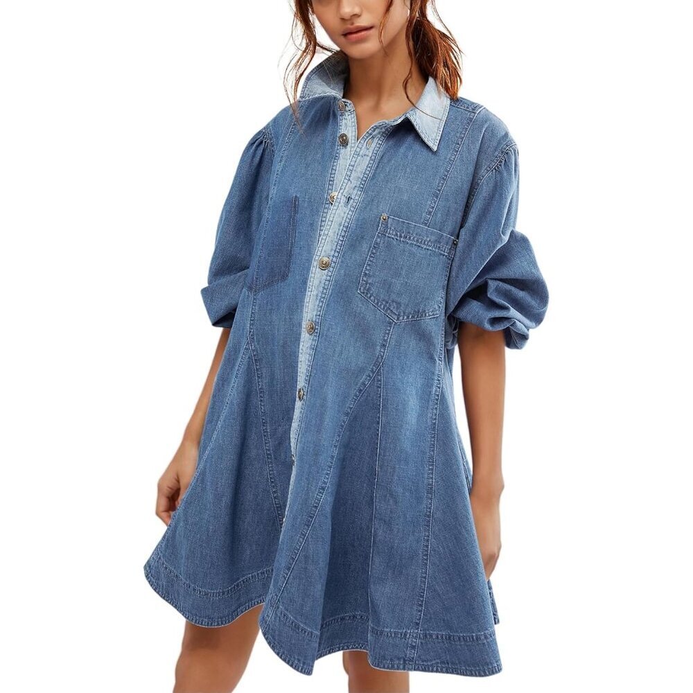 Women's Denim Dress X-Small Casual Long Puff Sleeves Button A-Line